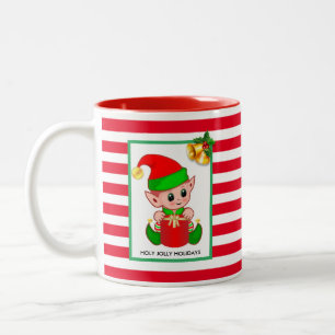 Taza Bicolor Duende de Navidad en rayas rojas y blancas