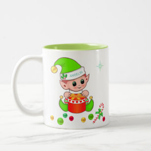 Taza Bicolor Duende de Navidad verde, bastón de caramelo y bola