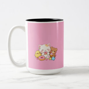 Taza Bicolor Dulce Gato Kawaii, Pollito y Oso de Peluche Donut