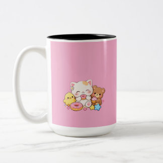 Taza Bicolor Dulce Gato Kawaii, Pollito y Oso de Peluche Donut 