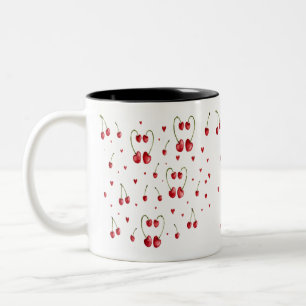 Taza Bicolor Dulce patrón de cereza y corazón en acuarela