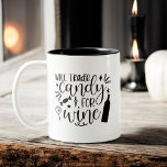 Taza Bicolor Dulces para el vino Funny Halloween<br><div class="desc">Intercambie dulces por sorbos con nuestro "Trade Candy for Wine" Graciosa taza de café de dos tonos de Halloween! Esta divertida taza presenta un diseño elegante en blanco y negro con una frase humorística en tipografía audaz, perfecta para añadir un giro adulto a sus celebraciones de Halloween. Está hecho con...</div>