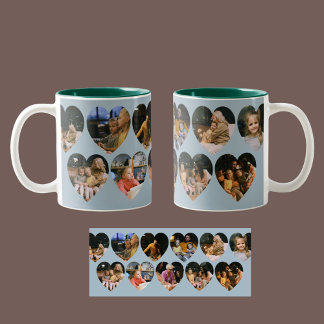 Taza Bicolor Dusty Blue Photo Collage Mug with Heart Frames