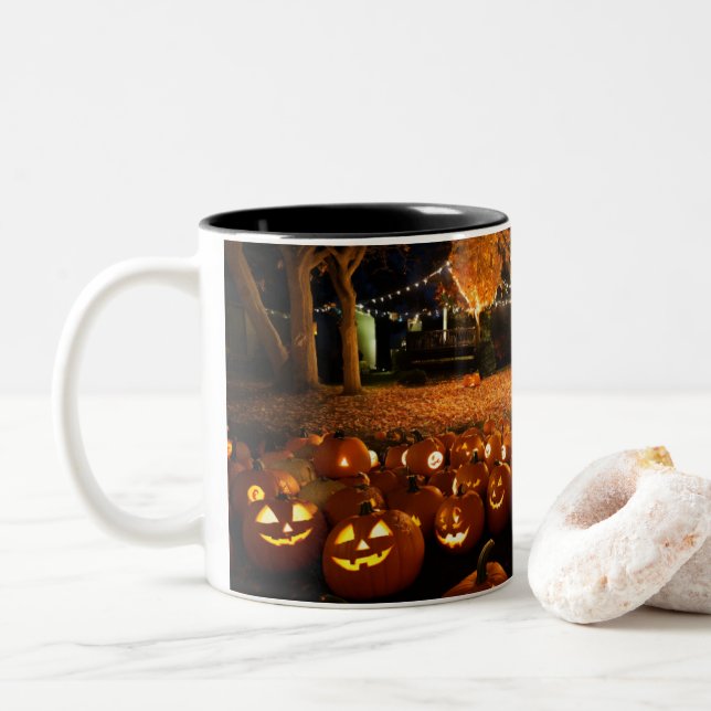 Taza Bicolor Eerie Elegance: Colección de Mug de Halloween (Con donut)