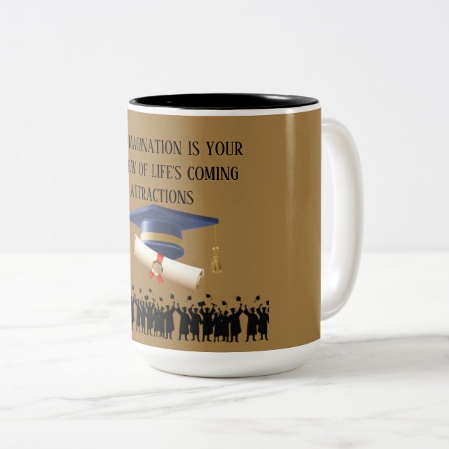 Taza Bicolor Einstein's graduation motto light brown (Anverso derecho)