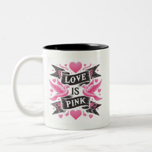 Taza Bicolor El amor es rosa - palomas y cintas
