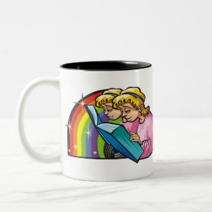 Taza Bicolor El arcoiris de los años 1980 con un libro de lectu