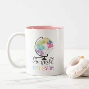 Taza Bicolor El mundo es mi aula Acuarela del colegio domésti