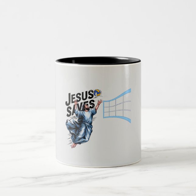 Taza Bicolor El voleibol Jesús salva la divertida fe cristiana (Centro)