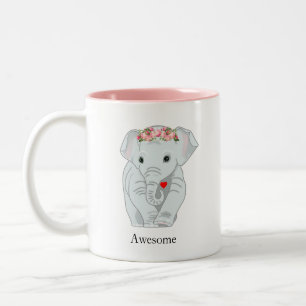 Taza Bicolor Elefante Adorable con Corona de Flores Sosteniendo