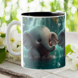Taza Bicolor Elefante bebé lindo jugando en el agua Arte de gua