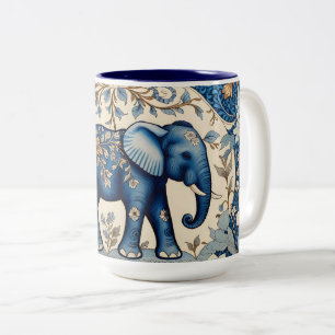 Taza Bicolor Elefante Floral Antiguo Ornado Azul