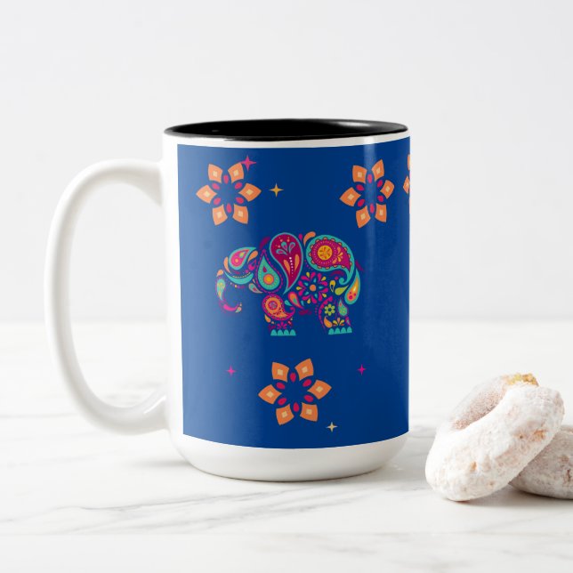 Taza Bicolor elefante indio Diwali mandala (Con donut)