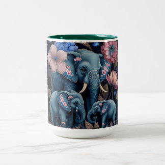 Taza Bicolor Elefantes azules y flores rosas
