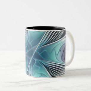 Taza Bicolor Elegancia Flor de Arte Fractal Blanco Gris Azul