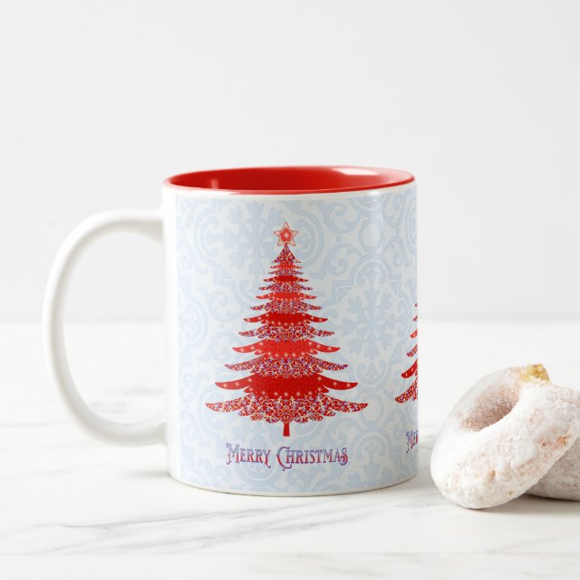 Taza Bicolor Elegante árbol de Navidad azul rojo (Con donut)