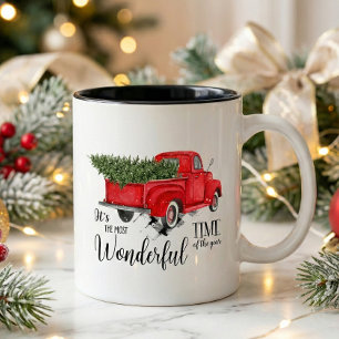 Taza Bicolor Elegante árbol de navidad de camionetas rojas vint