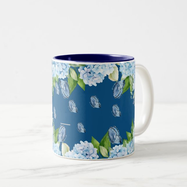 Taza Bicolor Elegante Boda floral azul (Anverso derecho)