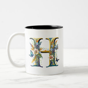 Taza Bicolor Elegante bohemio floral letra H