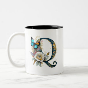Taza Bicolor Elegante bohemio floral letra Q