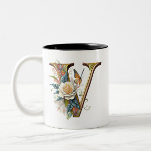 Taza Bicolor Elegante bohemio floral letra V