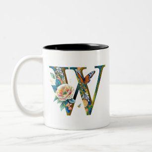 Taza Bicolor Elegante bohemio floral letra W