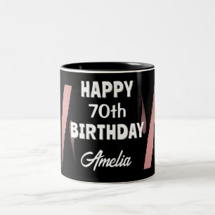 Taza Bicolor Elegante Cumpleaños Feliz 70 Rosa Negro Acuarela