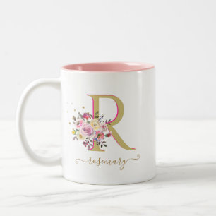 Taza Bicolor Elegante Floral Gold Rosa TU Monograma Nombre