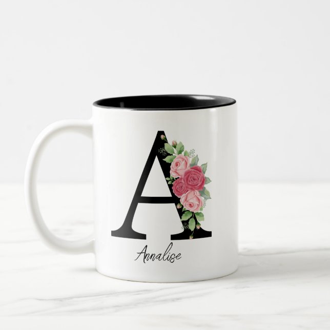 Taza Bicolor Elegante Floral Personalizada Monograma Café A (Izquierda)