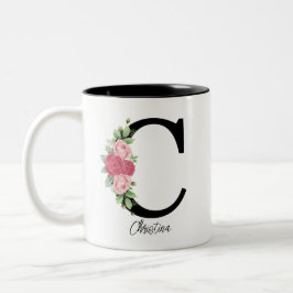 Taza Bicolor Elegante Floral Personalizada Monograma Café Mug C