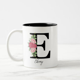 Taza Bicolor Elegante Floral Personalizada Monograma Café Mug E