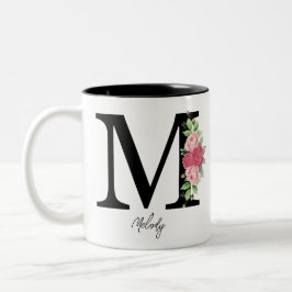 Taza Bicolor Elegante Floral Personalizada Monograma Café Mug M