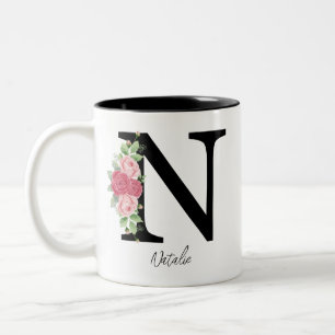 Taza Bicolor Elegante Floral Personalizada Monograma Café Mug N