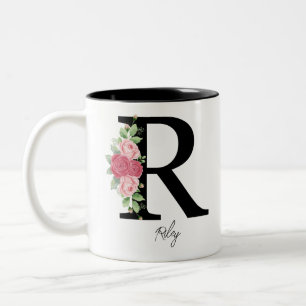 Taza Bicolor Elegante Floral Personalizada Monograma Café Mug R