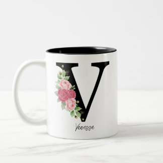 Taza Bicolor Elegante Floral Personalizada Monograma Café Mug V