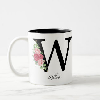 Taza Bicolor Elegante Floral Personalizada Monograma Café Mug W