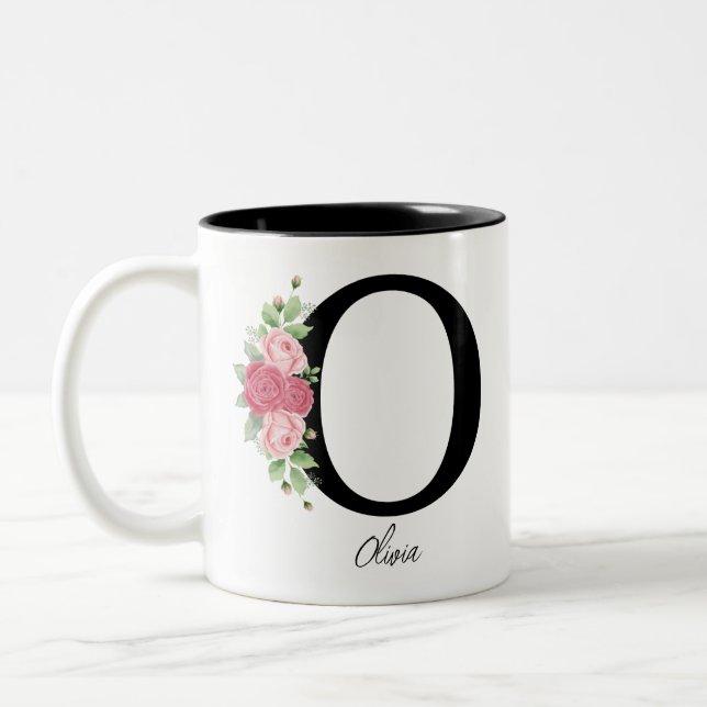 Taza Bicolor Elegante Floral Personalizada Monograma Café O (Izquierda)