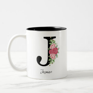 Taza Bicolor Elegante Floral Personalizado Monograma Café Mug J