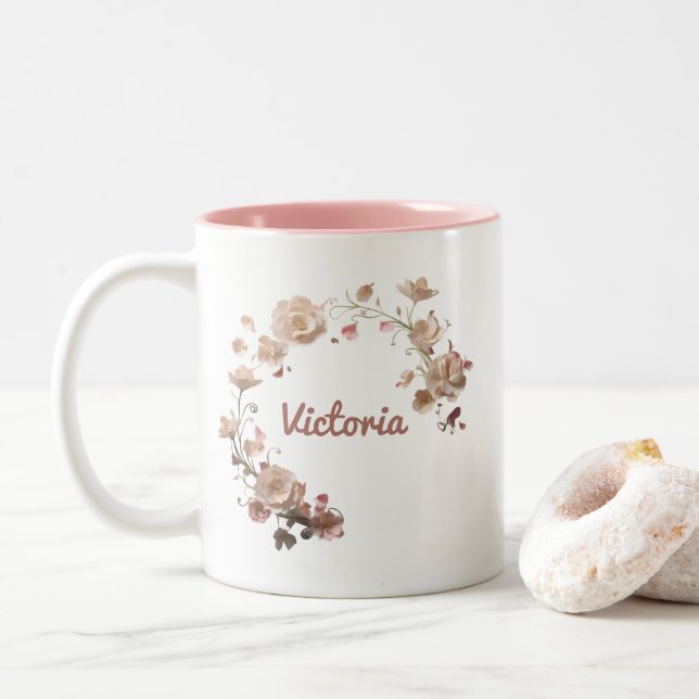 Taza Bicolor Elegante Floral Personalizado Nombre Mug (Con donut)