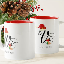 Taza Bicolor Elegante guión monograma moderno inicial V Navidad