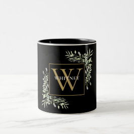 Taza Bicolor Elegante Monograma Floral Verde de Oro Negro