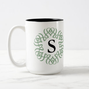 Taza Bicolor Elegante Monograma Floral Verde Salvia Familia