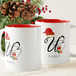 Taza Bicolor Elegante Monograma Moderno Guión Navidades inicial