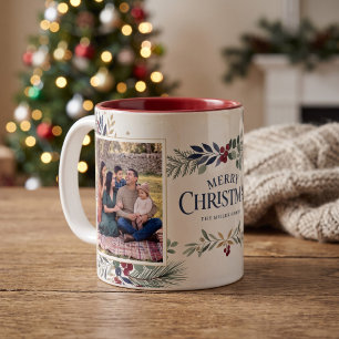 Taza Bicolor Elegante Navidad con Verdor Merry Christmas