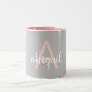Taza Bicolor Elegante nombre de monograma gris rosa moderno