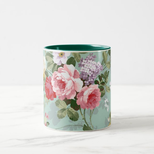Taza Bicolor Elegante patrón de rosas rojas rosadas (Centro)