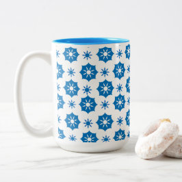 Taza Bicolor Elegante Patrón Geométrico Floral Azul Y Blanco