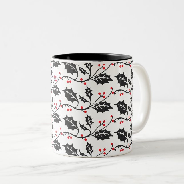 Taza Bicolor Elegante patrón moderno rojo y negro holly (Anverso derecho)