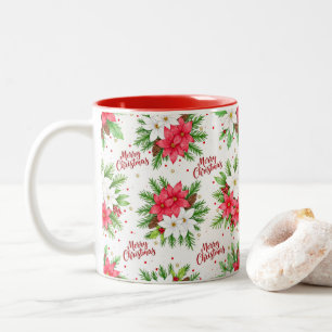 Taza Bicolor Elegante Poinsettia de Acuarela Feliz Navidad