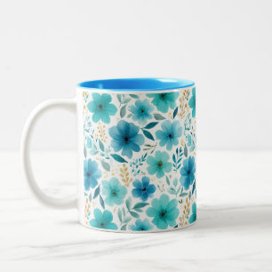 Taza Bicolor Elegante Primavera Flores Azul Acuarela Floral